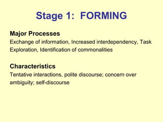 Stage 1: FORMING
Major Processes
Exchange of information, Increased interdependency, Task
Exploration, Identification of c...