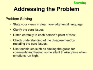 Addressing the Problem
Problem Solving
• State your views in clear non-judgmental language.
• Clarify the core issues
• Li...