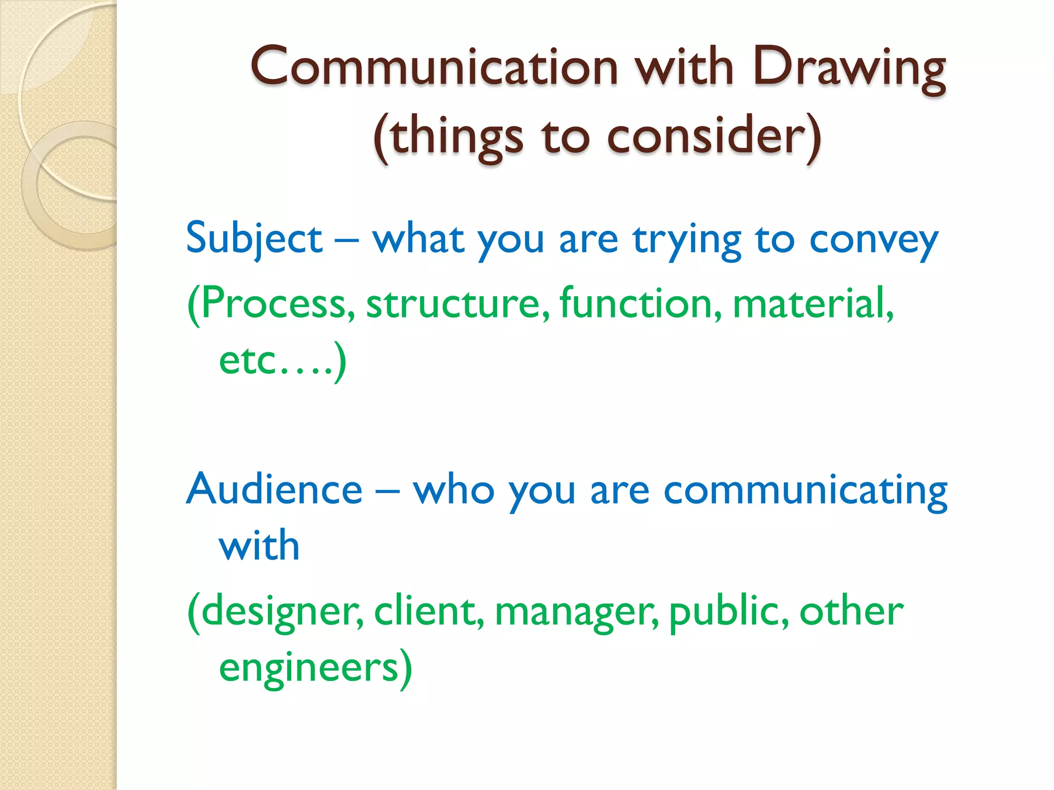 Communication with Drawing
(things to consider)
Subject – what you are trying to convey
(Process, structure, function, material,
etc….)
Audience – who you are communicating
with
(designer, client, manager, public, other
engineers)