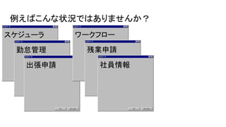 例えばこんな状況ではありませんか？
スケジューラ
勤怠管理
出張申請
ワークフロー
残業申請
社員情報
 