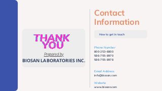 Contact
Information
How to get in touch
Phone Number
800-253-6800
586-755-8978
586-755-8970
Email Address
info@biosan.com
Website
www.biosan.com
BIOSAN LABORATORIES INC.
Prepared by
 