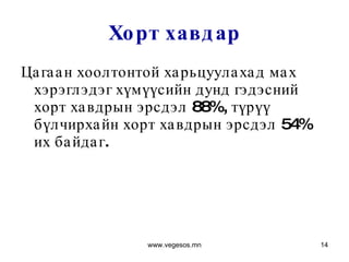 Хорт хавдар Цагаан хоолтонтой харьцуулахад мах хэрэглэдэг хүмүүсийн дунд гэдэсний хорт хавдрын эрсдэл 88%, түрүү бүлчирхайн хорт хавдрын эрсдэл 54% их байдаг.  www.vegesos.mn 
