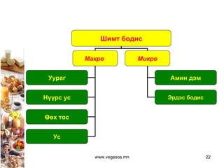 www.vegesos.mn Шимт бодис Макро  Микро Амин дэм Эрдэс бодис Уураг Нүүрс ус Өөх тос Ус 