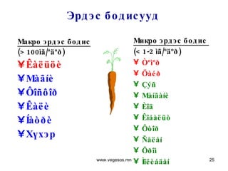 Эрдэс бодисууд Макро эрдэс бодис (> 100 ìã / ºäºð ) Êàëüöè M àãíè Ôîñôîð Êàëè Íàòðè Хүхэр Микро эрдэс бодис   (< 1-2  ìã / ºäºð ) Òºìºð Öàéð Çýñ M àíãàíè Èîä Êîáàëüò Ôòîð Ñåëåí Õðîì Ìîëèáäåí www.vegesos.mn 