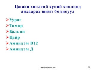 Цагаан хоолтой хүний хоолонд анхаарах шимт бодисууд Уураг   Төмөр Кальци Цайр   Аминдэм В12 Аминдэм Д www.vegesos.mn 