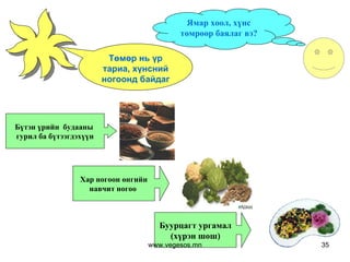 Ямар хоол, хүнс төмрөөр баялаг вэ? Төмөр нь үр тариа, хүнсний ногоонд байдаг Бүтэн үрийн  будааны  гурил ба бүтээгдэхүүн  Хар ногоон өнгийн навчит ногоо  Буурцагт ургамал ( хүрэн шош ) www.vegesos.mn 