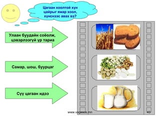 Цагаан хоолтой хүн цайрыг ямар хоол, хүнснээс авах вэ? Улаан буудайн соёолж,  цэвэрлээгүй үр тариа Самар, шош, буурцаг Сүү цагаан идээ www.vegesos.mn 