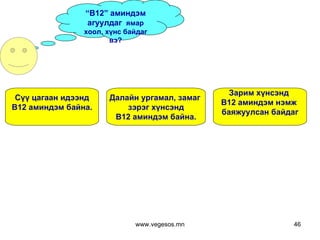 “ B12 ” аминдэм агуулдаг  ямар хоол, хүнс байдаг вэ? Сүү цагаан идээнд B12  аминдэм байна. Зарим хүнсэнд  B12  аминдэм нэмж  баяжуулсан байдаг Далайн ургамал, замаг  зэрэг хүнсэнд B12  аминдэм байна. www.vegesos.mn 