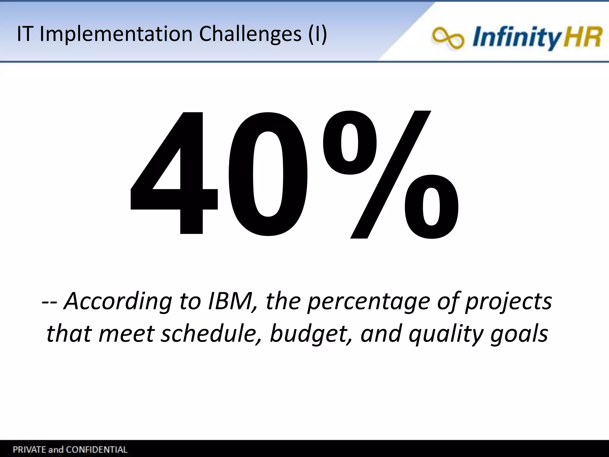 IT Implementation Challenges (I) 
40% 
-- According to IBM, the percentage of projects 
that meet schedule, budget, and quality goals 
 