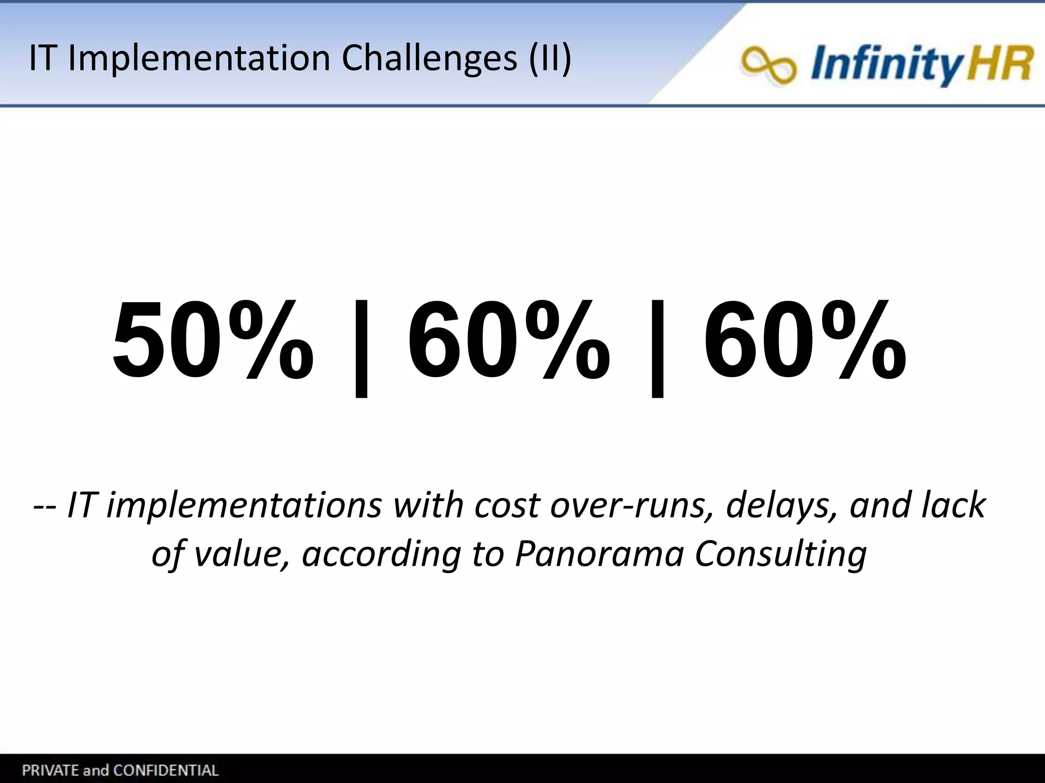IT Implementation Challenges (II) 
50% | 60% | 60% 
-- IT implementations with cost over-runs, delays, and lack 
of value, according to Panorama Consulting 
 