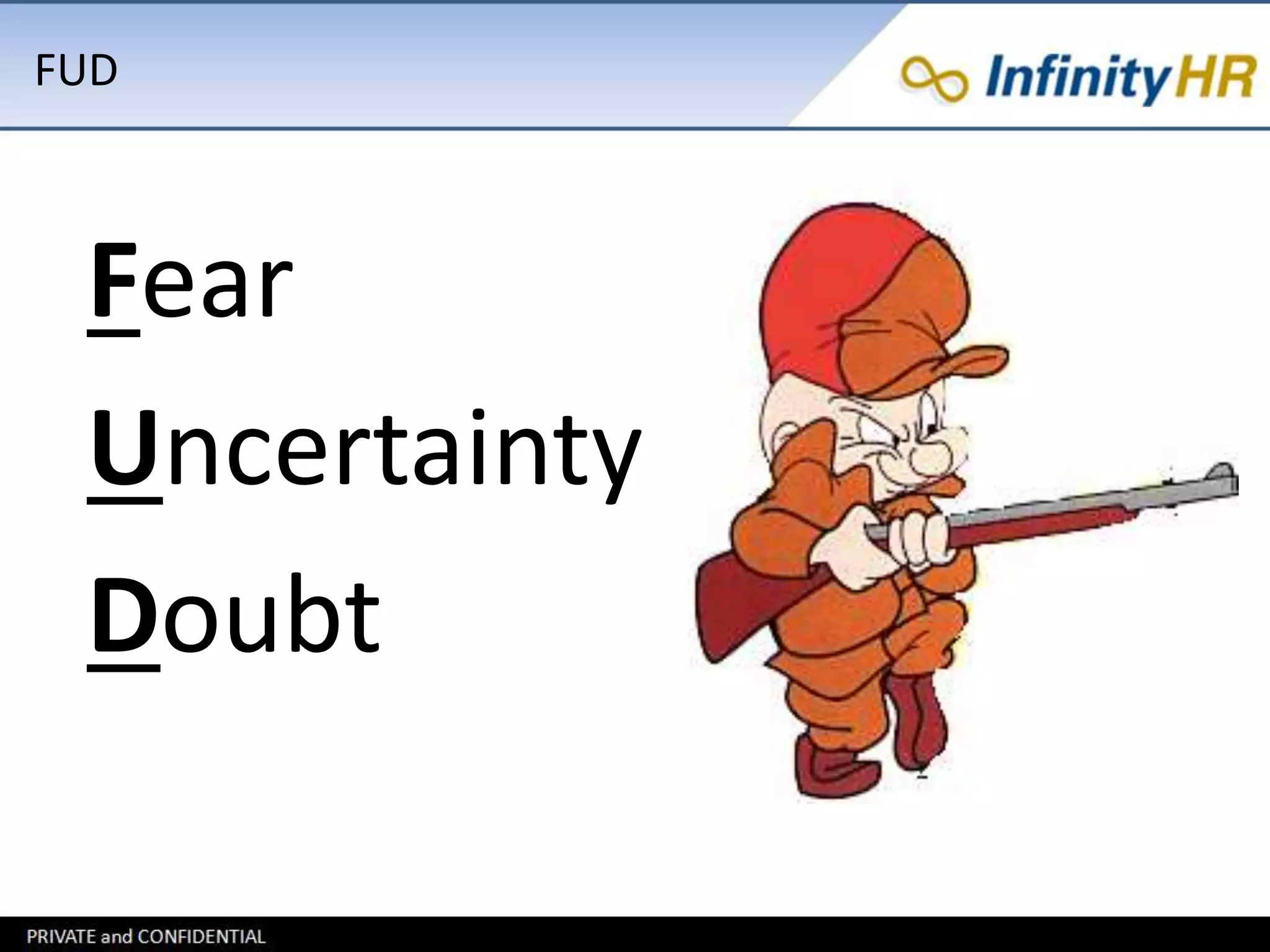 FUD 
Fear 
Uncertainty 
Doubt 
 