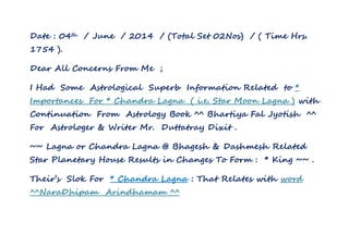 Date : 04th / June / 2014 / (Total Set 02Nos) / ( Time Hrs.
1754 ).
Dear All Concerns From Me ;
I Had Some Astrological Superb Information Related to *
Importances For * Chandra Lagna ( i.e. Star Moon Lagna ) with
Continuation From Astrology Book ^^ Bhartiya Fal Jyotish ^^
For Astrologer & Writer Mr. Duttatray Dixit .
~~ Lagna or Chandra Lagna @ Bhagesh & Dashmesh Related
Star Planetary House Results in Changes To Form : * King ~~ .
Their’s Slok For * Chandra Lagna : That Relates with word
^^NaraDhipam Arindhamam ^^
 
