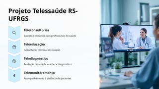 Projeto Telessaúde RS-
UFRGS
Teleconsultorias
Suporte à distância para profissionais de saúde
Teleeducação
Capacitação contínua de equipes
Telediagnóstico
Avaliação remota de exames e diagnósticos
Telemonitoramento
Acompanhamento à distância de pacientes
 