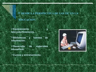  DESDE LA PERSPECTIVA DE LAS TIC EN LA

      EDUCACIÓN:


Equipamiento                  y
telecomunicaciones.

Bibliotecas   y    fuentes   de
información.

Desarrollo    de     materiales
educativos.

Cursos y entrenamiento.
 