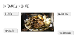 infografía (nombre)
HISTORIA INGREDIENTES
VALOR NUTRICIONAL
PREPARACIÓN
 