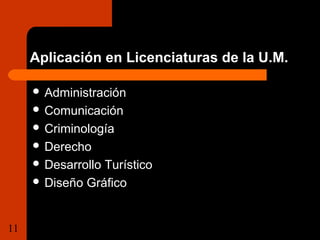 Aplicación en Licenciaturas de la U.M. 
 Administración 
 Comunicación 
 Criminología 
 Derecho 
 Desarrollo Turístico 
 Diseño Gráfico 
11 Tema 1.1 Importancia de la  