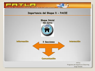 Bloque Inicial del Curso Información Comunicación Interacción 3 Secciones FATLA Programa de Experto en Elearning Jorge Oviedo Importancia del Bloque 0 - PACIE 