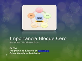 Importancia Bloque Cero
    Aula Virtual ( Metodologia Pacie)


    FATLA
    Programa de Experto en Elearning
    Edwin Mendieta Rodríguez
1
 