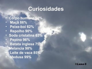 Curiosidades
•   Corpo humano 60%
•   Maçã 86%
•   Peixe-boi 62%
•   Repolho 90%
•   Soda cristalina 63%
•   Pepino 96%
•   Batata inglesa 75%
•   Melancia 98%
•   Leite de vaca 85%
•   Medusa 99%
 