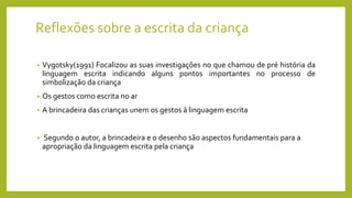 Reflexões sobre a escrita da criança
• Vygotsky(1991) Focalizou as suas investigações no que chamou de pré história da
linguagem escrita indicando alguns pontos importantes no processo de
simbolização da criança
• Os gestos como escrita no ar
• A brincadeira das crianças unem os gestos à linguagem escrita
• Segundo o autor, a brincadeira e o desenho são aspectos fundamentais para a
apropriação da linguagem escrita pela criança
 