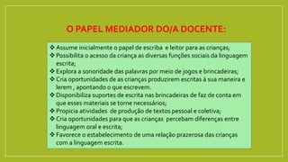 O PAPEL MEDIADOR DO/A DOCENTE:
Assume inicialmente o papel de escriba e leitor para as crianças;
Possibilita o acesso da criança as diversas funções sociais da linguagem
escrita;
Explora a sonoridade das palavras por meio de jogos e brincadeiras;
Cria oportunidades de as crianças produzirem escritas á sua maneira e
lerem , apontando o que escrevem.
Disponibiliza suportes de escrita nas brincadeiras de faz de conta em
que esses materiais se torne necessários;
Propicia atividades de produção de textos pessoal e coletiva;
Cria oportunidades para que as crianças percebam diferenças entre
linguagem oral e escrita;
Favorece o estabelecimento de uma relação prazerosa das crianças
com a linguagem escrita.
 
