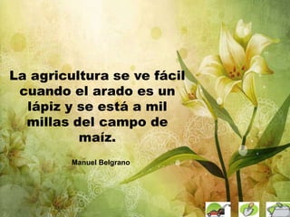 La agricultura se ve fácil
cuando el arado es un
lápiz y se está a mil
millas del campo de
maíz.
Manuel Belgrano
 