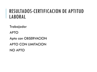 RESULTADOS-CERTIFICACION DE APTITUD
LABORAL
Trabajador
APTO
Apto con OBSERVACION
APTO CON LIMITACION
NO APTO
 