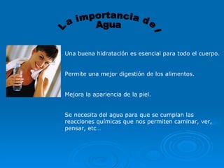 La importancia del Agua Una buena hidratación es esencial para todo el cuerpo. Permite una mejor digestión de los alimentos.  Mejora la apariencia de la piel. Se necesita del agua para que se cumplan las reacciones químicas que nos permiten caminar, ver, pensar, etc… 