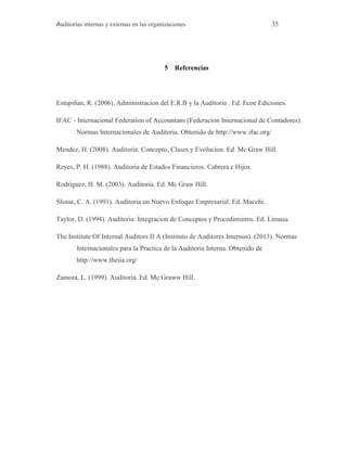 Auditorías internas y externas en las organizaciones 35
5 Referencias
Estupiñan, R. (2006). Administracion del E.R.B y la Auditoria . Ed. Ecoe Ediciones.
IFAC - Internacional Federation of Accountans (Federacion Internacional de Contadores).
Normas Internacionales de Auditoria. Obtenido de http://www.ifac.org/
Mendez, H. (2008). Auditoria: Concepto, Clases y Evolucion. Ed. Mc Graw Hill.
Reyes, P. H. (1988). Auditoria de Estados Financieros. Cabrera e Hijos.
Rodriguez, H. M. (2003). Auditoria. Ed. Mc Graw Hill.
Slosse, C. A. (1991). Auditoria un Nuevo Enfoque Empresarial. Ed. Macchi.
Taylor, D. (1994). Auditoria: Integracion de Conceptos y Procedimintos. Ed. Limusa.
The Institute Of Internal Auditors II A (Instituto de Auditores Internos). (2013). Normas
Internacionales para la Practica de la Auditoria Interna. Obtenido de
http://www.theiia.org/
Zamora, L. (1999). Auditoria. Ed. Mc Graww Hill.
 