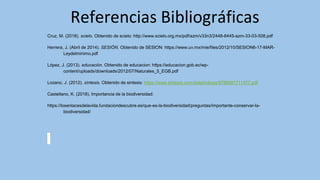 Referencias Bibliográficas
Cruz, M. (2018). scielo. Obtenido de scielo: http://www.scielo.org.mx/pdf/azm/v33n3/2448-8445-azm-33-03-508.pdf
Herrera, J. (Abril de 2014). SESIÓN. Obtenido de SESION: https://www.uv.mx/mie/files/2012/10/SESION6-17-MAR-
Leydelminimo.pdf
López, J. (2013). educación. Obtenido de educacion: https://educacion.gob.ec/wp-
content/uploads/downloads/2012/07/Naturales_5_EGB.pdf
Lozano, J. (2012). síntesis. Obtenido de sintesis: https://www.sintesis.com/data/indices/9788491711377.pdf
Castellano, K. (2018). Importancia de la biodiversidad:
https://losenlacesdelavida.fundaciondescubre.es/que-es-la-biodiversidad/preguntas/importante-conservar-la-
biodiversidad/
 