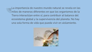 La importancia de nuestro mundo natural se revela en las
miles de maneras diferentes en que los organismos de la
Tierra interactúan entre sí, para contribuir al balance del
ecosistema global y la supervivencia del planeta. No hay
una sola forma de vida que pueda vivir en aislamiento.
 