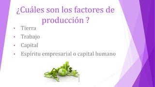 ¿Cuáles son los factores de
producción ?
• Tierra
• Trabajo
• Capital
• Espíritu empresarial o capital humano
 