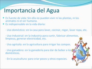 Importancia del Agua  Es fuente de vida: Sin ella no pueden vivir ni las plantas, ni los animales ni el ser humano. Es indispensable en la vida diaria: · Uso doméstico: en la casa para lavar, cocinar, regar, lavar ropa, etc. · Uso industrial: en la industria para curtir, fabricar alimentos, limpieza, generar electricidad, etc. · Uso agrícola: en la agricultura para irrigar los campos. · Uso ganadero: en la ganadería para dar de beber a los animales domésticos. · En la acuicultura: para criar peces y otras especies. 