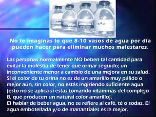 No te imaginas lo que 8-10 vasos de agua por día
 pueden hacer para eliminar muchos malestares.

Las personas normalmente NO beben tal cantidad para
evitar la molestia de tener que orinar seguido; un
inconveniente menor a cambio de una mejora en su salud.
Si el color de tu orina no es de un amarillo muy pálido o
mejor aún, sin color, no estás ingiriendo suficiente agua
(esto no se aplica si estas tomando vitaminas del complejo
B, que producen un natural color amarillo).
El hablar de beber agua, no se refiere al café, té o sodas. El
agua embotellada y/o de manantiales es la mejor.
 