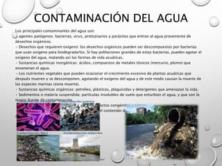 CONTAMINACIÓN DEL AGUA 
Los principales contaminantes del agua son: 
• agentes patógenos: bacterias, virus, protozoarios y...