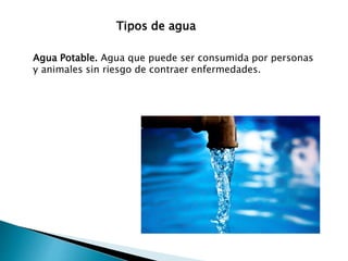 Agua Potable. Agua que puede ser consumida por personas
y animales sin riesgo de contraer enfermedades.
Tipos de agua
 