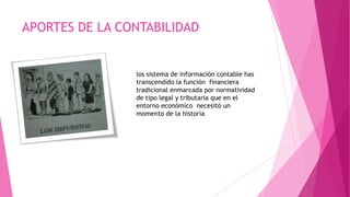 APORTES DE LA CONTABILIDAD


                los sistema de información contable has
                transcendido la función financiera
                tradicional enmarcada por normatividad
                de tipo legal y tributaria que en el
                entorno económico necesitó un
                momento de la historia
 