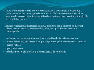  10. Asistir habitualmente a la biblioteca para satisfacer diversos propósitos
  (seleccionar textos, investigar sobre un tema, informarse sobre actualidad, etc.),
   adecuando su comportamiento y cuidando el material para permitir el trabajo y la
   lectura de los demás.

11. Buscar y seleccionar la información más relevante sobre un tema en internet,
   libros, diarios, revistas, enciclopedias, atlas, etc., para llevar a cabo una
   investigación.

 12. Aplicar estrategias para determinar el significado de palabras nuevas:
 • claves del texto (para determinar qué acepción es pertinente según el contexto)
 • raíces y afijos
 • preguntar a otro
 • diccionarios, enciclopedias e internet lectura de los demás.
 