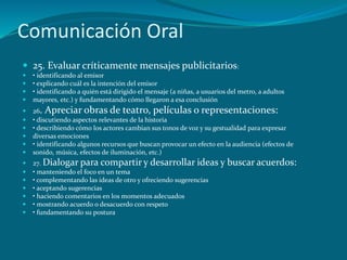 Comunicación Oral
 25. Evaluar críticamente mensajes publicitarios:
   • identificando al emisor
   • explicando cuál es la intención del emisor
   • identificando a quién está dirigido el mensaje (a niñas, a usuarios del metro, a adultos
   mayores, etc.) y fundamentando cómo llegaron a esa conclusión
   26. Apreciar obras de teatro, películas o representaciones:
   • discutiendo aspectos relevantes de la historia
   • describiendo cómo los actores cambian sus tonos de voz y su gestualidad para expresar
   diversas emociones
   • identificando algunos recursos que buscan provocar un efecto en la audiencia (efectos de
   sonido, música, efectos de iluminación, etc.)
   27. Dialogar para compartir y desarrollar ideas y                    buscar acuerdos:
   • manteniendo el foco en un tema
   • complementando las ideas de otro y ofreciendo sugerencias
   • aceptando sugerencias
   • haciendo comentarios en los momentos adecuados
   • mostrando acuerdo o desacuerdo con respeto
   • fundamentando su postura
 