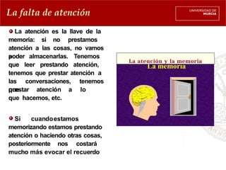La falta de atención
La atención es la llave de la
memoria: si no prestamos
atención a las cosas, no vamos
a
poder almacenarlas. Tenemos
que leer prestando atención,
tenemos que prestar atención a
las conversaciones, tenemos
que
prestar atención a lo
que hacemos, etc.
Si cuandoestamos
memorizando estamos prestando
atención o haciendo otras cosas,
posteriormente nos costará
mucho más evocar el recuerdo
La atención y la memoria
 