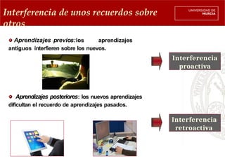 Interferencia de unos recuerdos sobre
otros
Aprendizajes previos:los aprendizajes
antiguos interfieren sobre los nuevos.
Aprendizajes posteriores: los nuevos aprendizajes
dificultan el recuerdo de aprendizajes pasados.
Interferencia
proactiva
Interferencia
retroactiva
 
