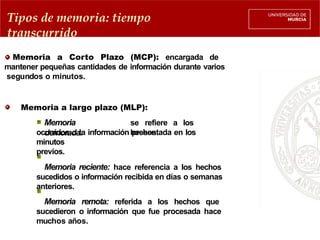 Memoria a Corto Plazo (MCP): encargada de
mantener pequeñas cantidades de información durante varios
segundos o minutos.
Memoria a largo plazo (MLP):
Memoria
demorada:
se refiere a los
hechos
ocurridos o la información presentada en los
minutos
previos.
Memoria reciente: hace referencia a los hechos
sucedidos o información recibida en días o semanas
anteriores.
Memoria remota: referida a los hechos que
sucedieron o información que fue procesada hace
muchos años.
Tipos de memoria: tiempo
transcurrido
 