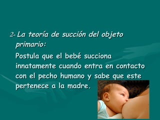 2-  La teoría de succión del objeto primario: Postula que el bebé succiona innatamente cuando entra en contacto con el pecho humano y sabe que este pertenece a la madre.   