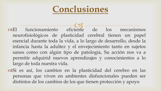 El funcionamiento eficiente de los mecanismos
neurofisiológicos de plasticidad cerebral tienen un papel
esencial durante toda la vida, a lo largo de desarrollo, desde la
infancia hasta la adultez y el envejecimiento tanto en sujetos
sanos como con algún tipo de patología, Su acción nos va a
permitir adquirid nuevos aprendizajes y conocimientos a lo
largo de toda nuestra vida.
Si es así, los cambios en la plasticidad del cerebro en las
personas que viven en ambientes disfuncionales pueden ser
distintos de los cambios de los que tienen protección y apoyo
Conclusiones
 