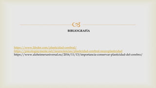 
BIBLIOGRAFÍA
https://www.lifeder.com/plasticidad-cerebral/
https://psicologiaymente.net/neurociencias/plasticidad-cerebral-neuroplasticidad
https://www.alzheimeruniversal.eu/2016/11/13/importancia-conservar-plasticidad-del-cerebro/
 