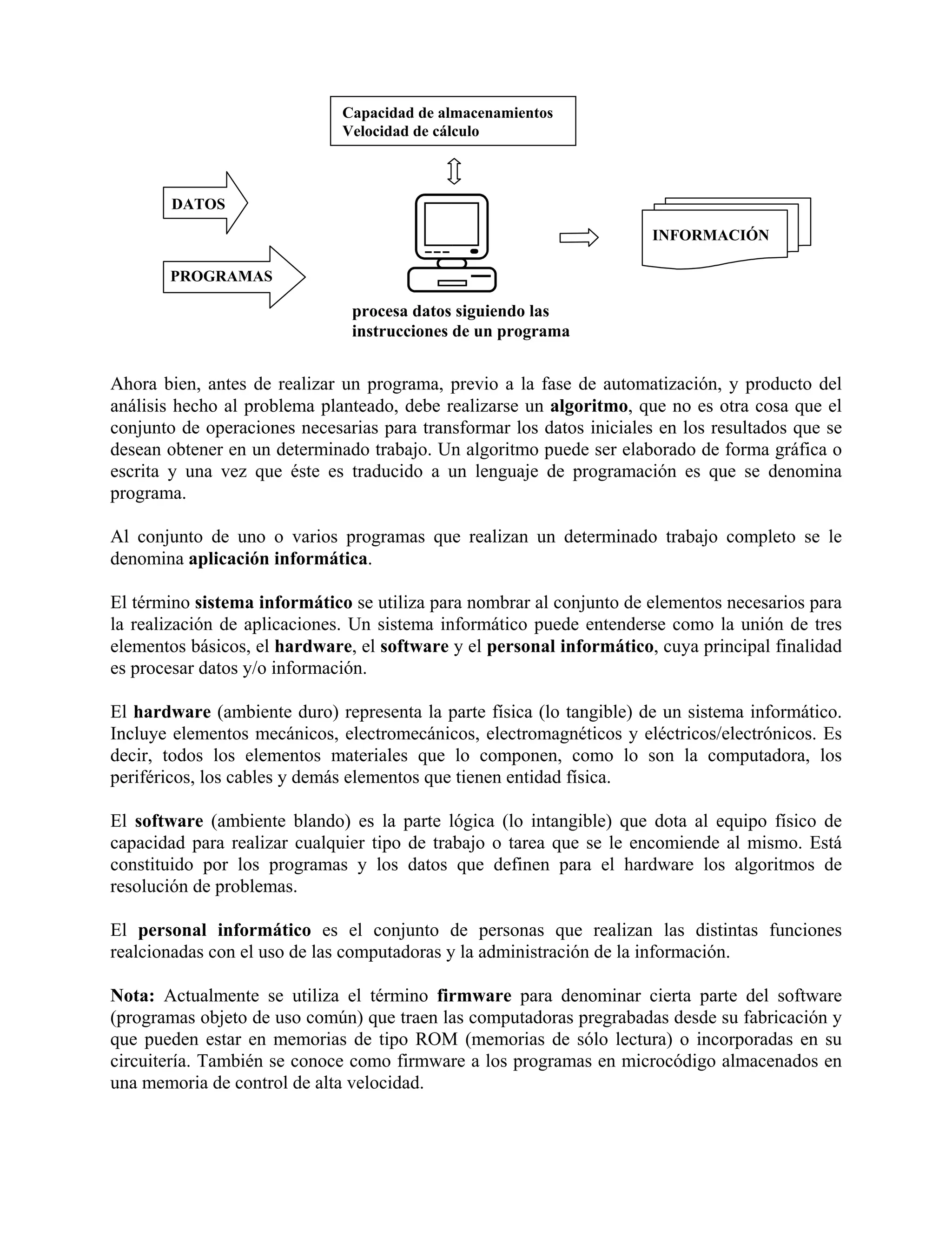 Capacidad de almacenamientos
                              Velocidad de cálculo



        DATOS
                                                                       INFORMACIÓN

       PROGRAMAS

                               procesa datos siguiendo las
                               instrucciones de un programa


Ahora bien, antes de realizar un programa, previo a la fase de automatización, y producto del
análisis hecho al problema planteado, debe realizarse un algoritmo, que no es otra cosa que el
conjunto de operaciones necesarias para transformar los datos iniciales en los resultados que se
desean obtener en un determinado trabajo. Un algoritmo puede ser elaborado de forma gráfica o
escrita y una vez que éste es traducido a un lenguaje de programación es que se denomina
programa.

Al conjunto de uno o varios programas que realizan un determinado trabajo completo se le
denomina aplicación informática.

El término sistema informático se utiliza para nombrar al conjunto de elementos necesarios para
la realización de aplicaciones. Un sistema informático puede entenderse como la unión de tres
elementos básicos, el hardware, el software y el personal informático, cuya principal finalidad
es procesar datos y/o información.

El hardware (ambiente duro) representa la parte física (lo tangible) de un sistema informático.
Incluye elementos mecánicos, electromecánicos, electromagnéticos y eléctricos/electrónicos. Es
decir, todos los elementos materiales que lo componen, como lo son la computadora, los
periféricos, los cables y demás elementos que tienen entidad física.

El software (ambiente blando) es la parte lógica (lo intangible) que dota al equipo físico de
capacidad para realizar cualquier tipo de trabajo o tarea que se le encomiende al mismo. Está
constituido por los programas y los datos que definen para el hardware los algoritmos de
resolución de problemas.

El personal informático es el conjunto de personas que realizan las distintas funciones
realcionadas con el uso de las computadoras y la administración de la información.

Nota: Actualmente se utiliza el término firmware para denominar cierta parte del software
(programas objeto de uso común) que traen las computadoras pregrabadas desde su fabricación y
que pueden estar en memorias de tipo ROM (memorias de sólo lectura) o incorporadas en su
circuitería. También se conoce como firmware a los programas en microcódigo almacenados en
una memoria de control de alta velocidad.
 