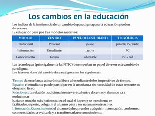 Los cambios en la educación
Los índices de la inminencia de un cambio de paradigma para la educación pueden
detectarse.
La educación pasa por tres modelos sucesivos:
    MODELO               CENTRO           PAPEL DEL ESTUDIANTE            TECNOLOGIA

    Tradicional          Profesor                   pasivo               pizarra/TV/Radio

   Información          Estudiante                  activo                     PC

  Conocimiento            Grupo                   adaptable                  PC + red

Las tecnologías (principalmente las NTIC) desempeñan un papel clave en este cambio de
paradigma.
Los factores clave del cambio de paradigma son los siguientes:

Tiempo :la enseñanza asincrónica libera al estudiante de los imperativos de tiempo.
Espacio: el estudiante puede participar en la enseñanza sin necesidad de estar presente en
el espacio físico.
Relaciones: La relación tradicionalmente vertical entre docentes y alumnos va a
evolucionar
hacia un modelo más horizontal en el cual el docente se transforma en
facilitador, experto, colega, y el alumno pasa a ser naturalmente activo.
Información/Conocimiento: el alumno debe aprender a adquirir información, conforme a
sus necesidades, a evaluarla y a transformarla en conocimiento.
 