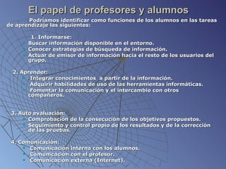 El papel de profesores y alumnos Podríamos identificar como funciones de los alumnos en las tareas de aprendizaje las siguientes:   1. Informarse: Buscar información disponible en el entorno. Conocer estrategias de búsqueda de información.  Actuar de emisor de información hacia el resto de los usuarios del grupo.    2. Aprender: Integrar conocimientos  a partir de la información.  Adquirir habilidades de uso de las herramientas informáticas.  Fomentar la comunicación y el intercambio con otros  compañeros. 3. Auto evaluación: Comprobación de la consecución de los objetivos propuestos.  Seguimiento y control propio de los resultados y de la corrección de las pruebas.  4. Comunicación: Comunicación interna con los alumnos.  Comunicación con el profesor. Comunicación externa (Internet). 
