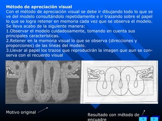 Método de apreciación visual Con el método de apreciación visual se debe ir dibujando todo lo que se ve del modelo consultándolo repetidamente e ir trazando sobre el papel lo que se logra retener en memoria cada vez que se observa el modelo. Se lleva acabo de la siguiente manera: 1.Observar el modelo cuidadosamente, tomando en cuenta sus principales características. 2.Retener en la memoria visual lo que se observa (direcciones y proporciones) de las líneas del modelo. 3.Llevar al papel los trazos que reproducirán la imagen que aun se con­serva con el recuerdo visual Motivo original Resultado con método de encuadre 