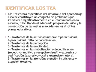  Los Trastornos específicos del desarrollo del aprendizaje
escolar constituyen un conjunto de problemas que
interfieren significativamente en el rendimiento en la
escuela, dificultando el adecuado progreso del niño y la
consecución de las metas marcadas en los distintos
planes educativos.
 1- Trastornos de la actividad motora: hiperactividad,
hipoactividad, falta de coordinación.
2- Trastornos de la percepción
3- Trastornos de la emotividad.
4- Trastornos en la simbolización o decodificación
(receptivo-auditivo y receptivo-visual) y expresiva o
codificación (expresivo-vocal y expresivo-motora).
5- Trastornos en la atención: atención insuficiente y
atención excesiva.
 